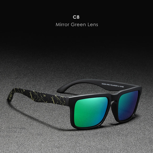 Sunglasses with mirror green lenses on a dark background