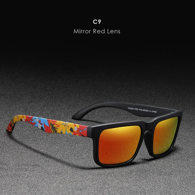 Sunglasses with colorful frame and mirror red lenses on a dark background