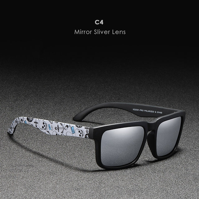 Sunglasses with patterned arm and mirror silver lens on a dark background