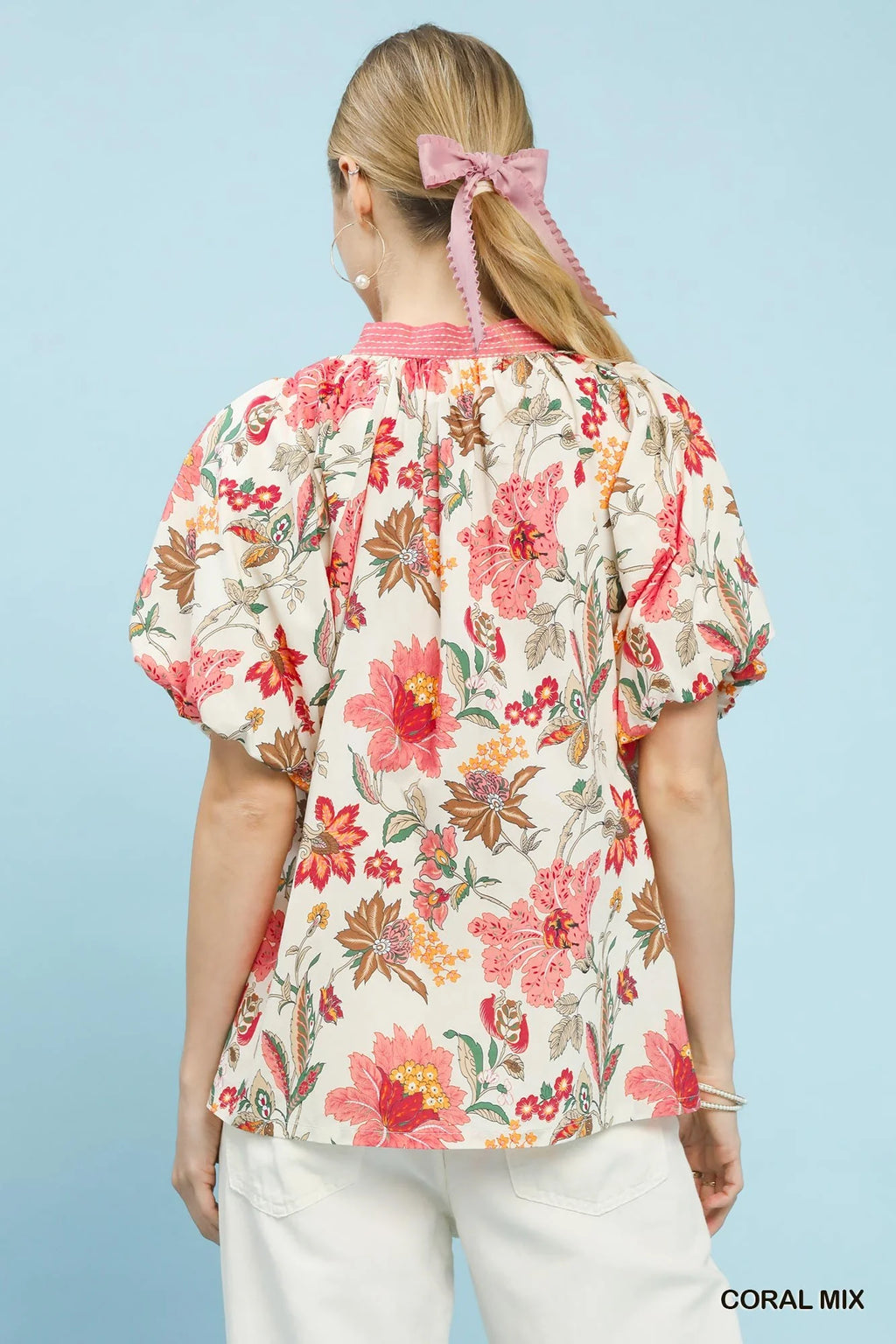 Umgee Mix Floral Puff Sleeve Blouse in Coral