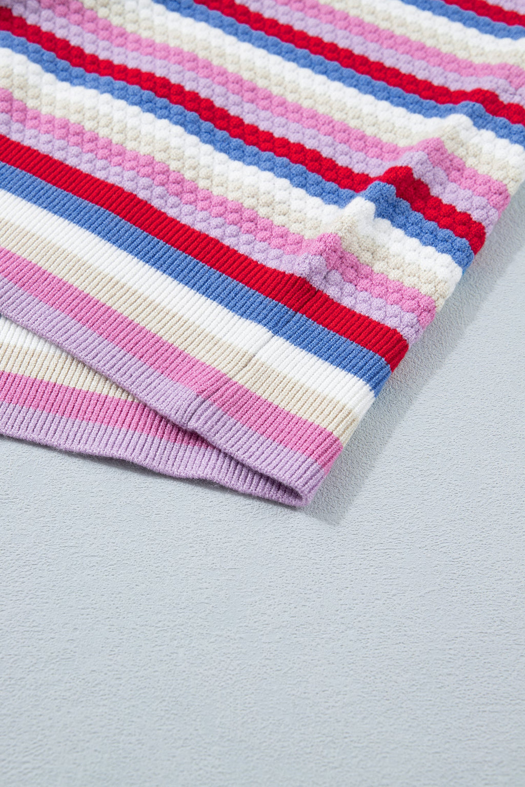 Multicolour Textured Stripes Knit Short Sleeve Sweater