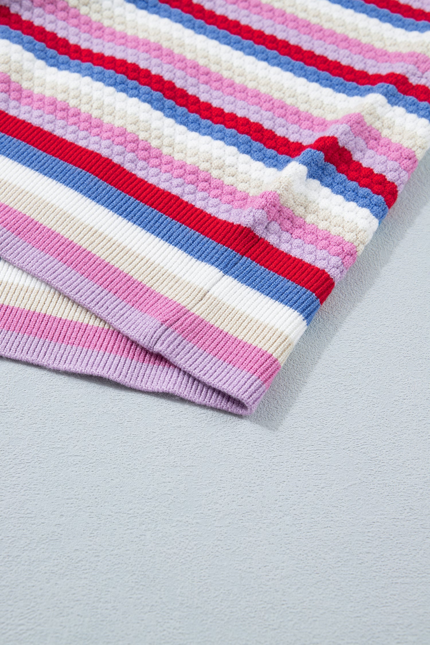 Multicolour Textured Stripes Knit Short Sleeve Sweater