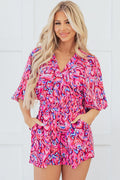 Abstract Puff Sleeve V-Neck High Waist Romper