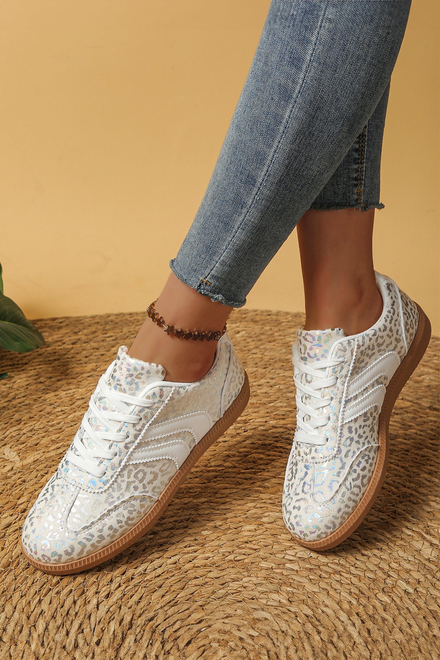 Coffee PU Leather Detail Shimmer Leopard Printed Lace-up Sneakers