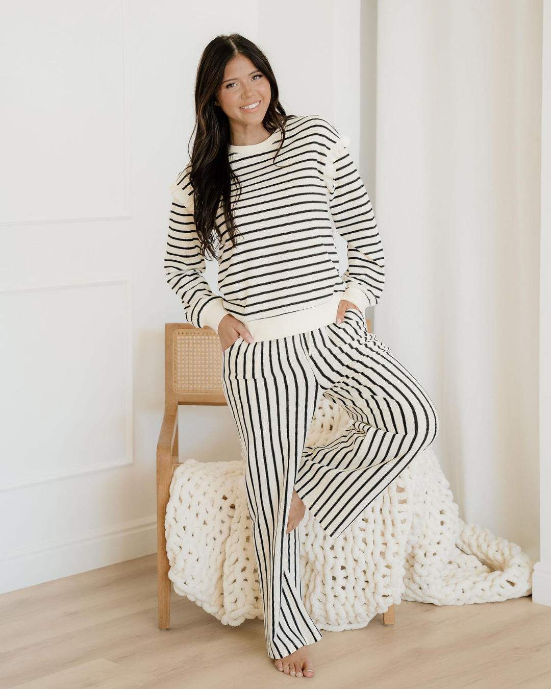 Talia Stripe Ruffle Trim Drop Shoulder Top Drawstring Loose Pant Set