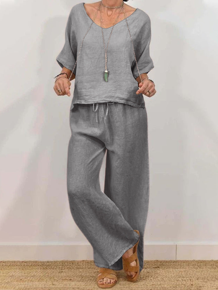 Damen Mehrfarbiger Zweiteiler V-Ausschnitt Oberteil & Hose