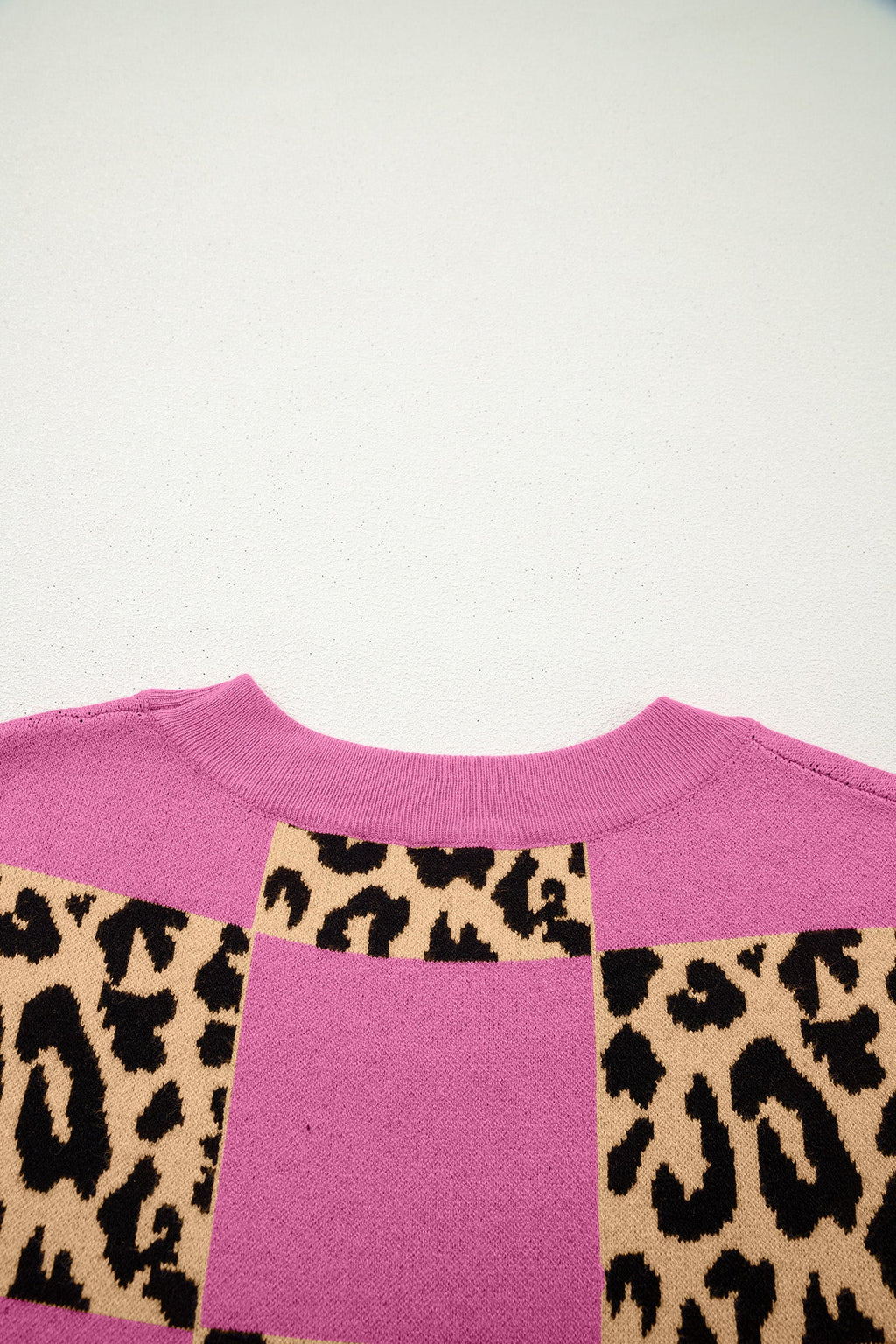 Rose Red Leopard Checkerboard Short Sleeve Knit Sweater