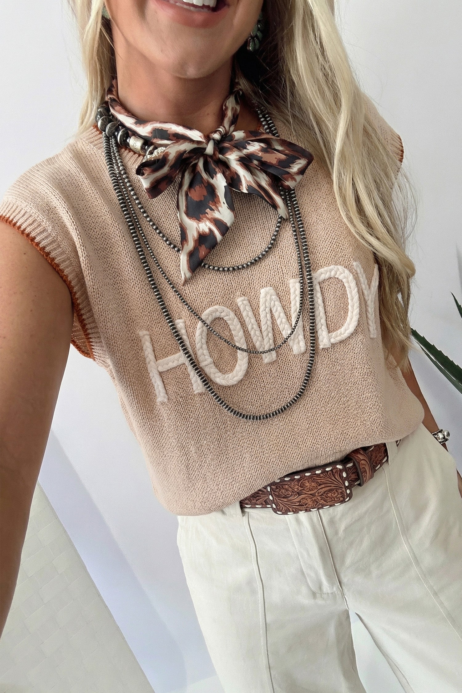 Parchment Contrast Trim Short Sleeve Knit HOWDY Western Sweater