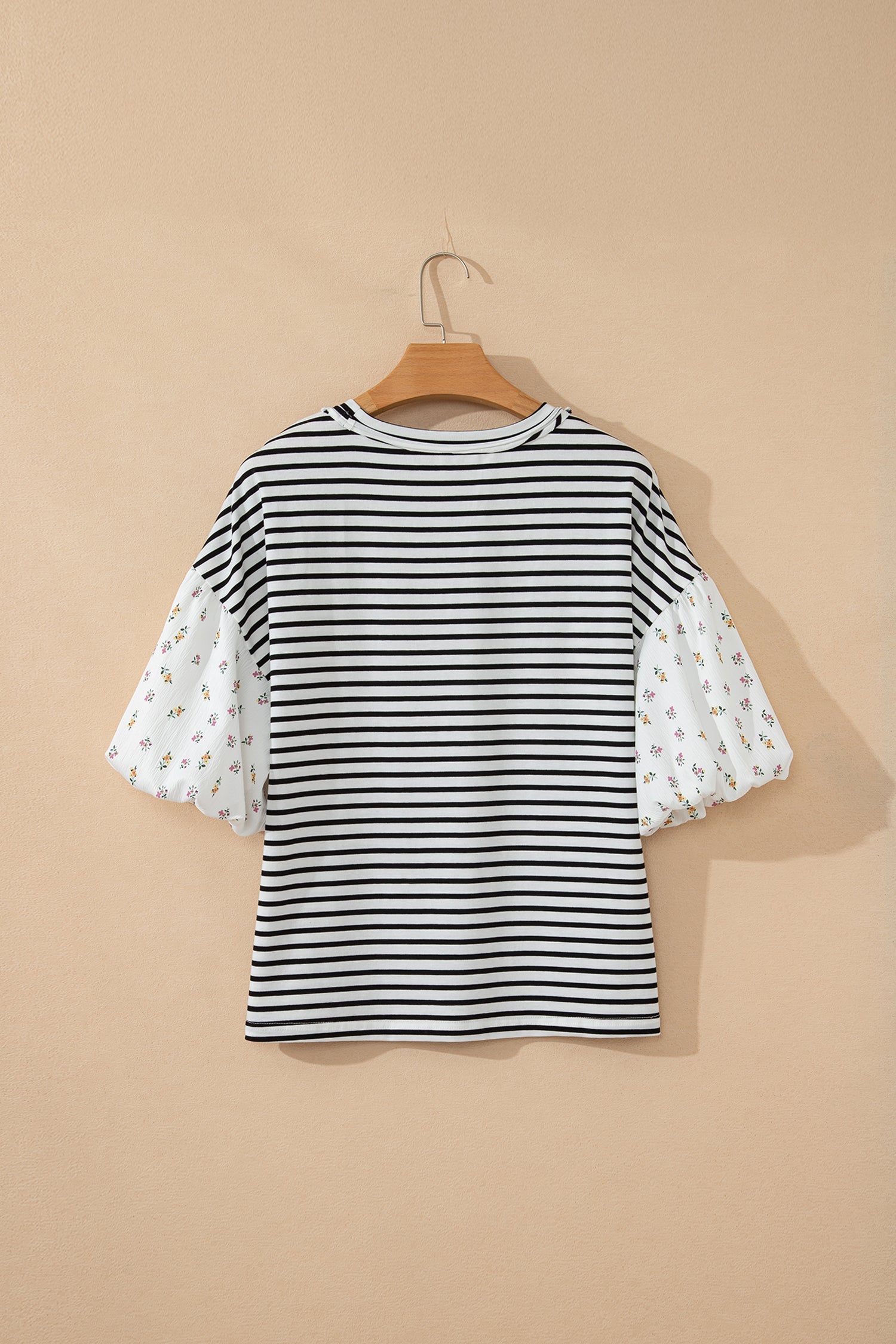 Aviva Puff Sleeve Patchwork Round Neck Loose Top - Black