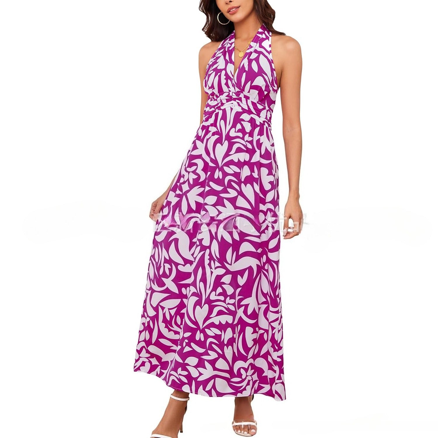 Women's Halter Neck Printed Bohemian Dress Vacation Beach Maxi Dress