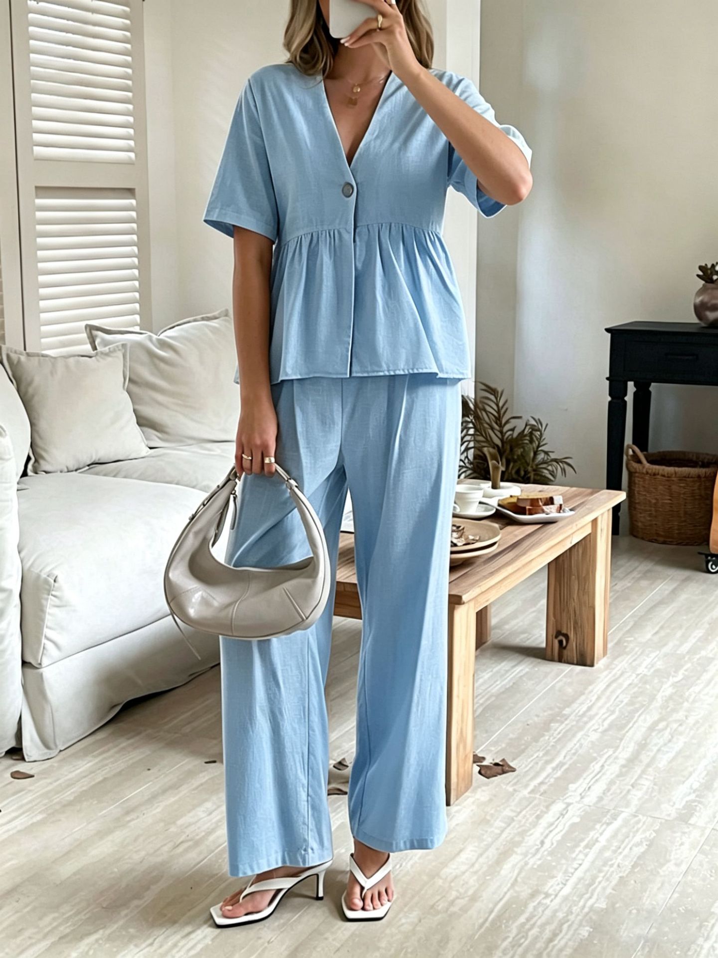 Damen-Set aus lockerem V-Ausschnitt-Oberteil mit kurzen Ärmeln und Hose mit weitem Bein