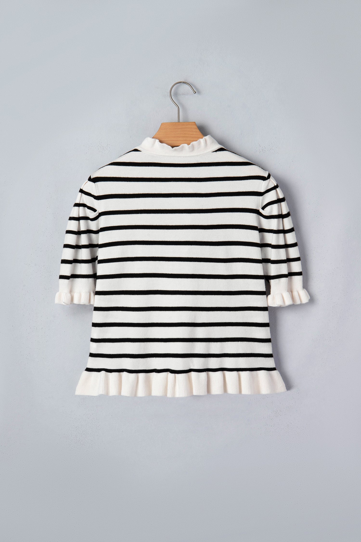 Beige Stripe Ruffle Trim Button Down Knit Short Sleeve Sweater Cardigan