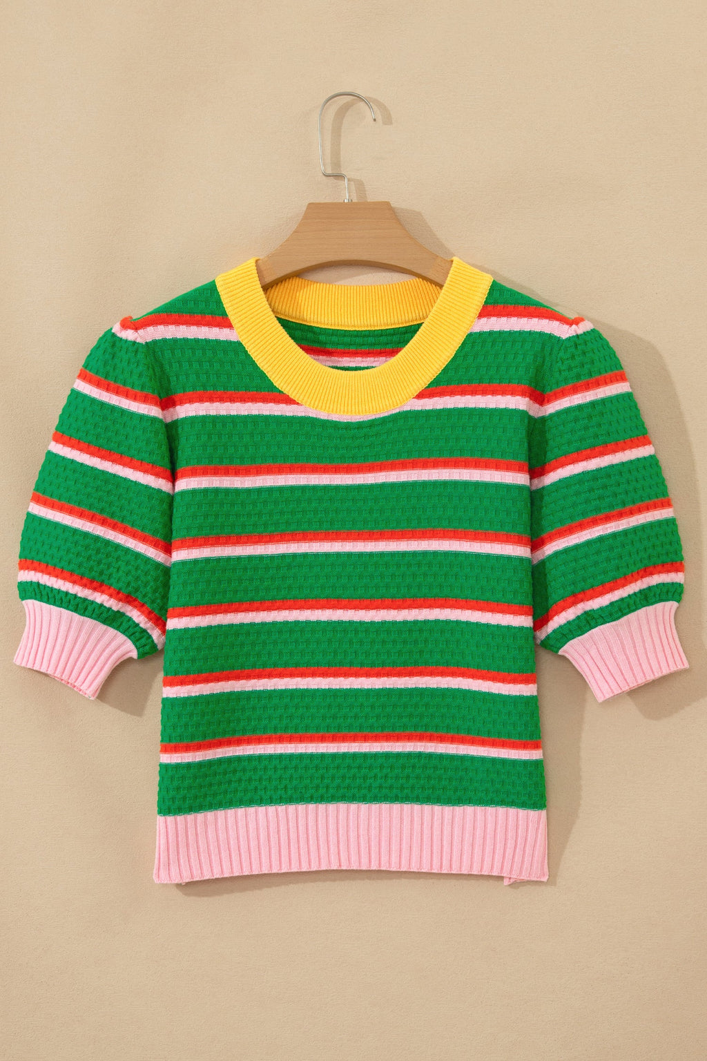 Green Stripe Colorblock Trim Half Sleeve Sweater Top