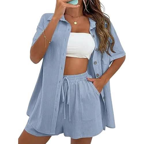 Woman wearing a light blue shirt and shorts set on a white background