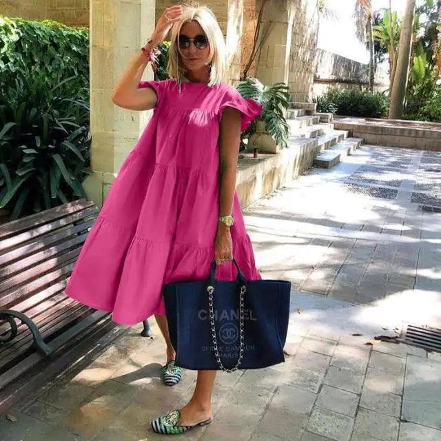 Women Retro Loose Casual Round Neck Short Sleeve Dress - Cute Fashion Dresses For Women