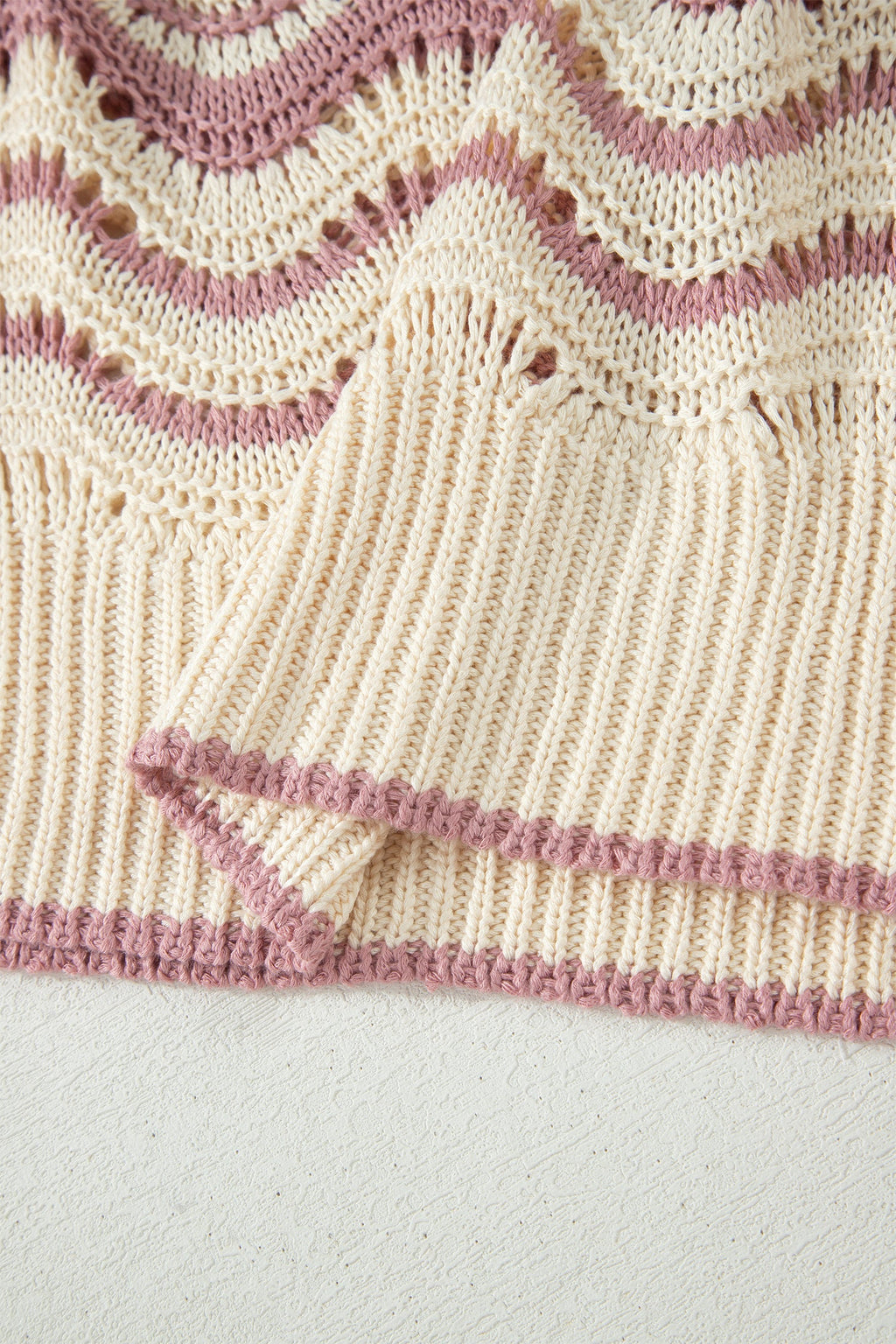 Beige Stripe Wavy Crochet Eyelet Detail Ruffle Half Sleeve Sweater