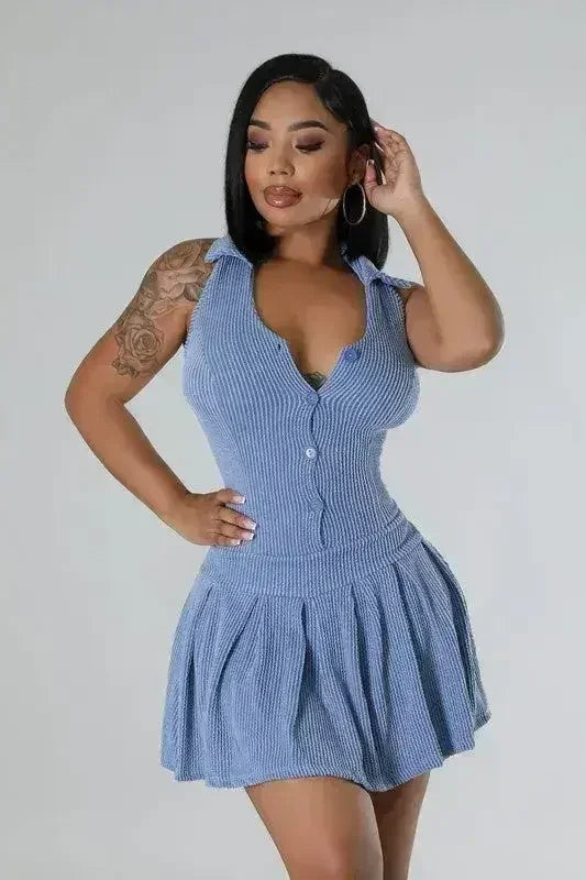 Women wearing a blue Romper skirt Set with front pose