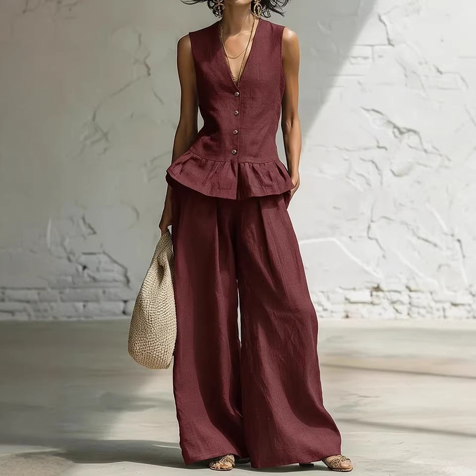 Damen-Bohemian-Set mit ärmellosem Rüschen-Tanktop und Hose