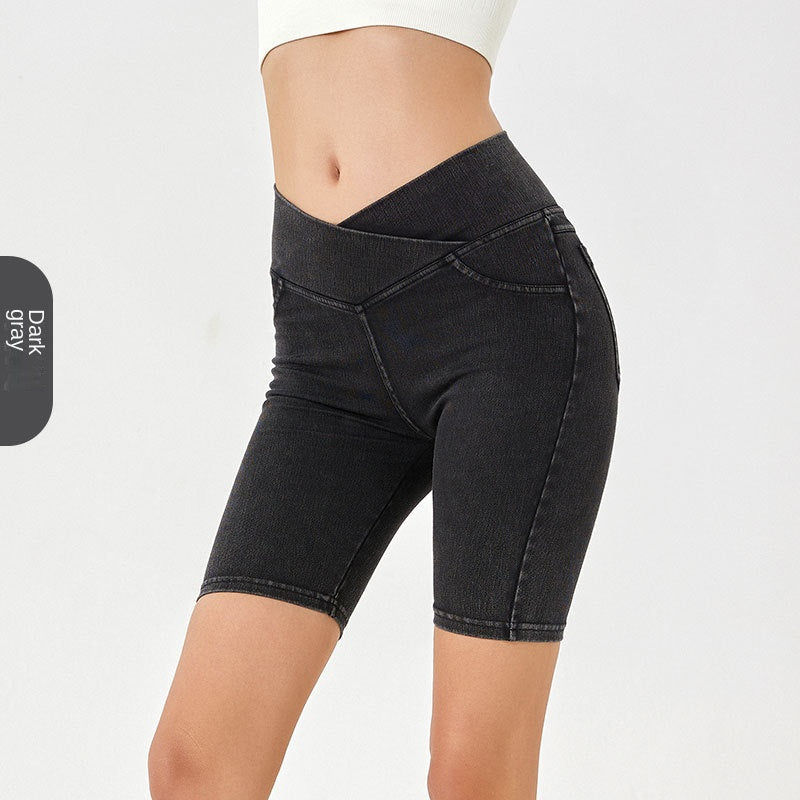 High-Waist Stretchy Denim Shorts mit Taschen – Schlankmachende lässige Fitness-Shorts