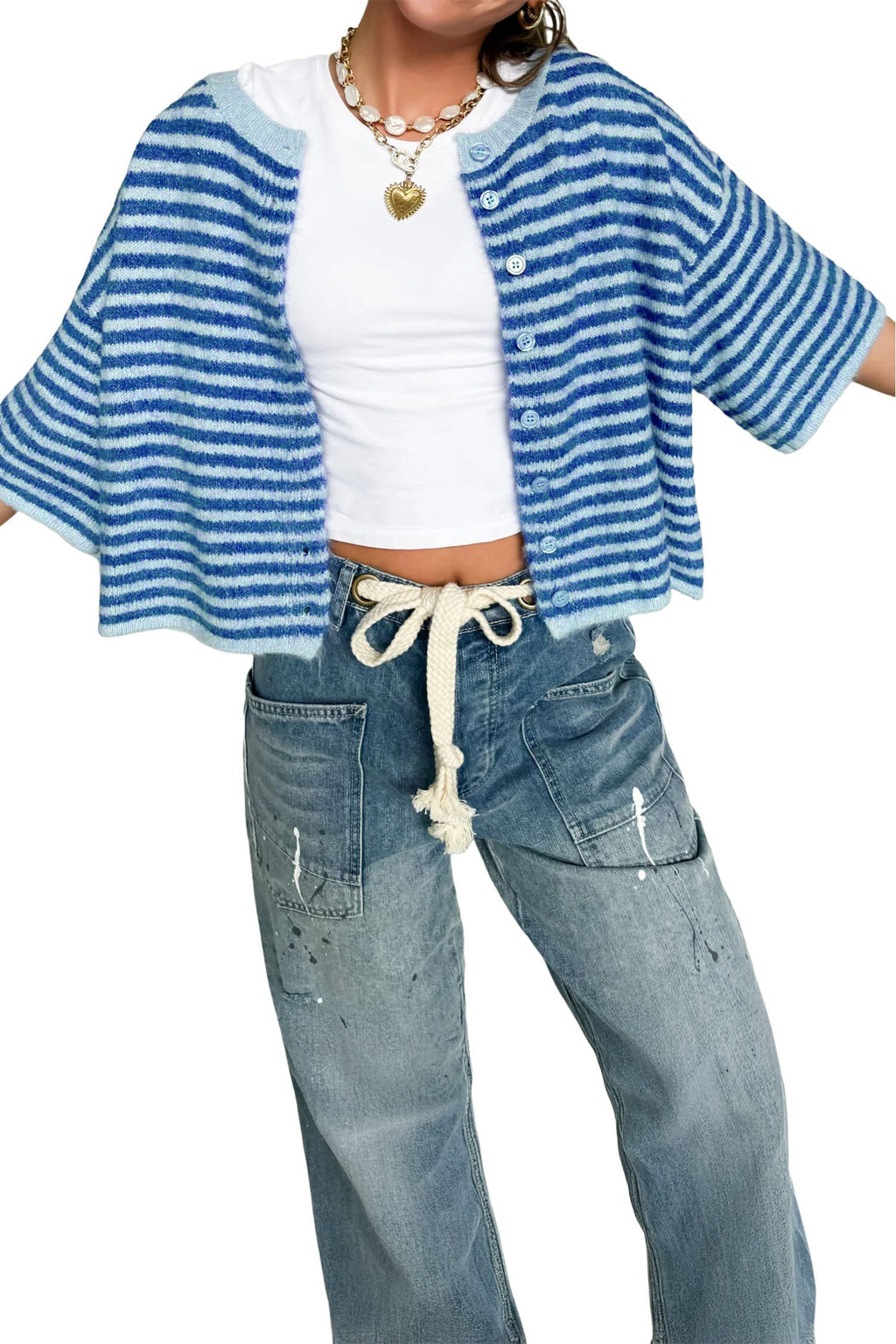 Blue Stripe Loose Half Sleeve Knit Button Down Sweater Cardigan