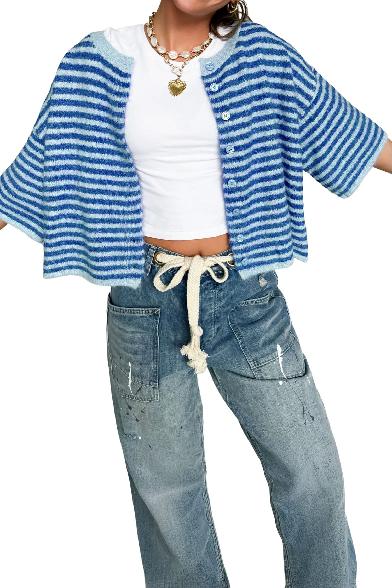 Blue Stripe Loose Half Sleeve Knit Button Down Sweater Cardigan