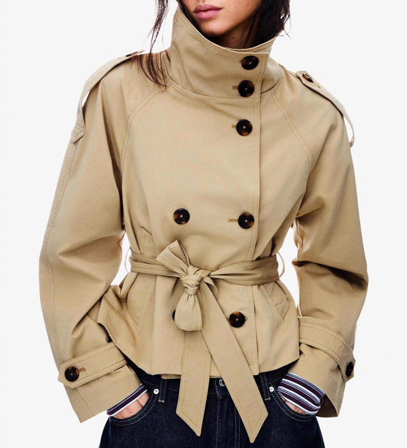 Womens Buttoned Waist-Cinching Lace-Up Trench Coat