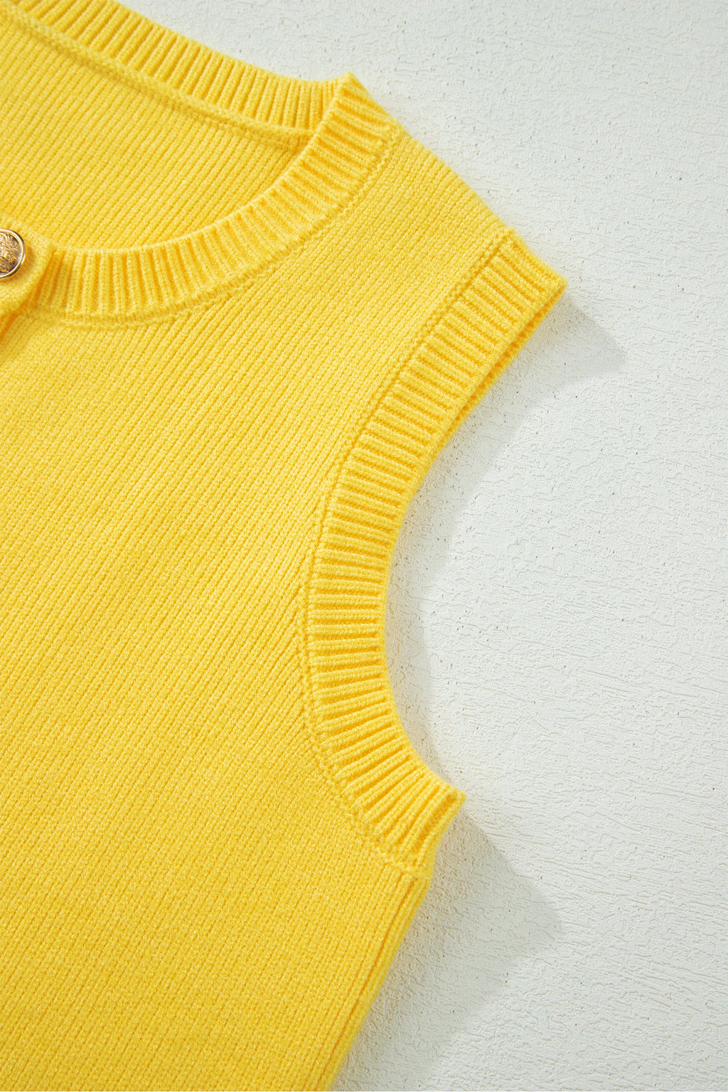 Yellow Cream Solid Color Sleeveless Knit Button Pocketed Sweater
