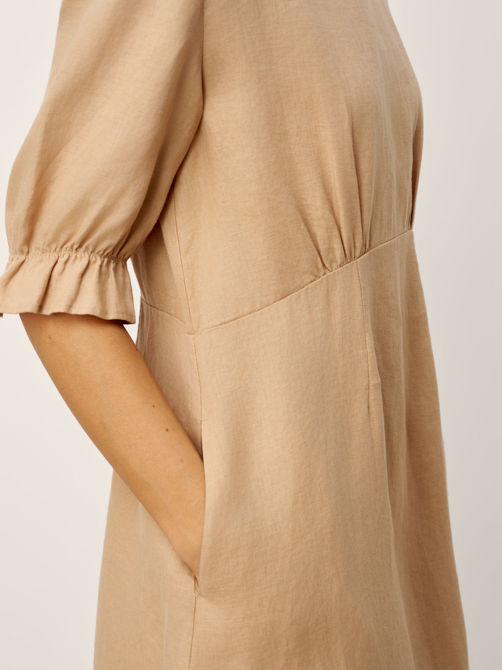 100% Linen Round Neck High Waist Ruffle Sleeve Maxi Dress ZEPHYRA