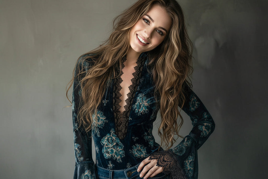 Women’s Retro Lace Panel V-Neck Blouse – Elegant Print Bell Sleeve Top for Spring & Autumn Wear