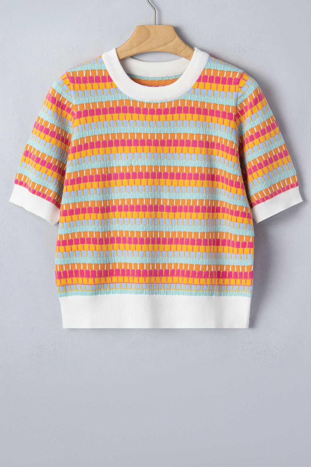 Orange Abstract Striped Knit Short Sleeve Sweater