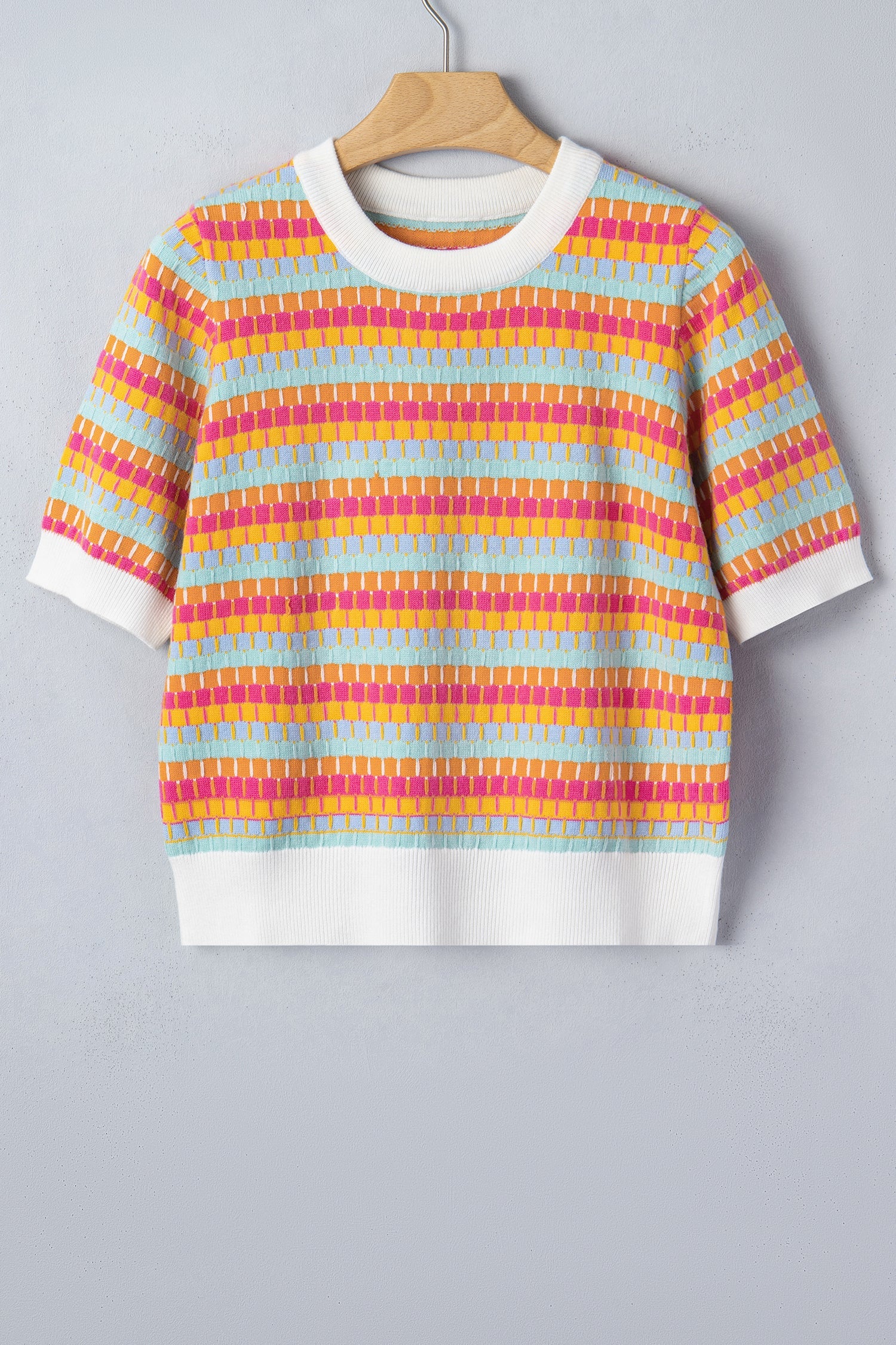 Orange Abstract Striped Knit Short Sleeve Sweater