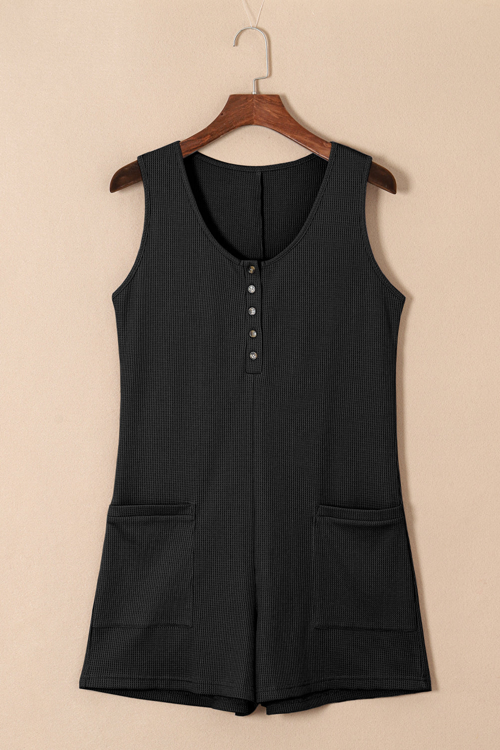 Solid Waffle Buttoned Scoop Neck Sleeveless Romper