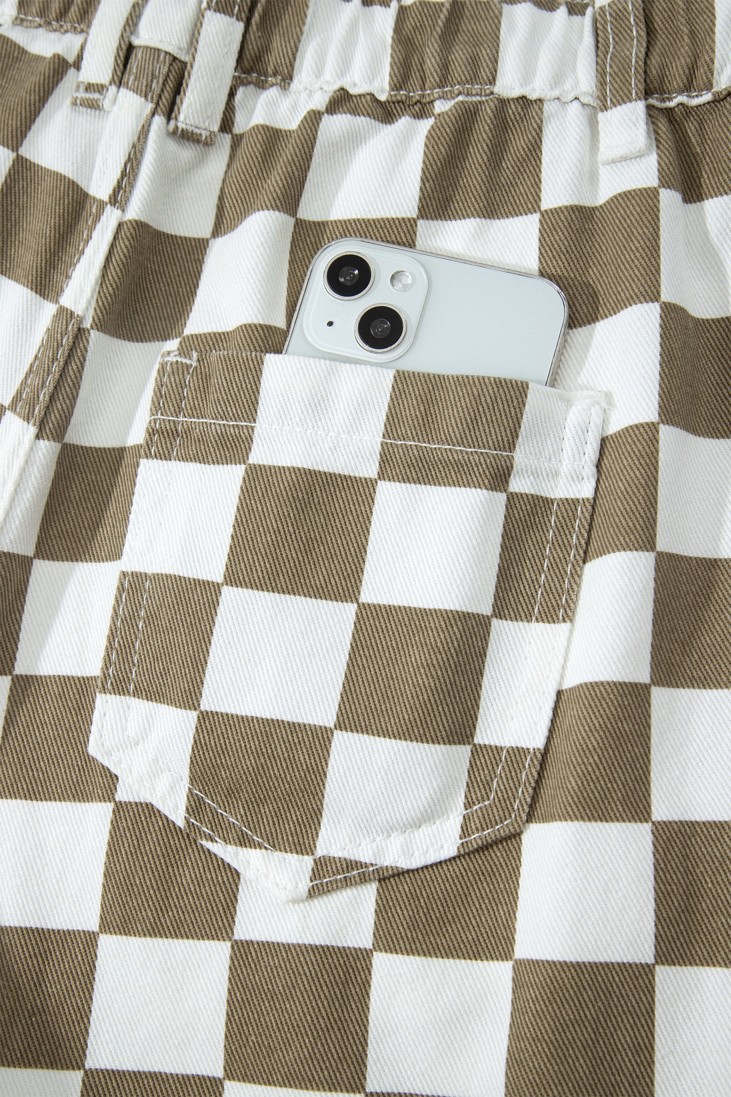 White Checkered Print Denim Barrel Pants