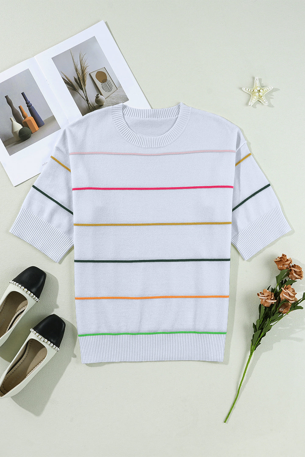 Beau Blue Colorblock Striped Half Sleeve Drop Shoulder Sweater