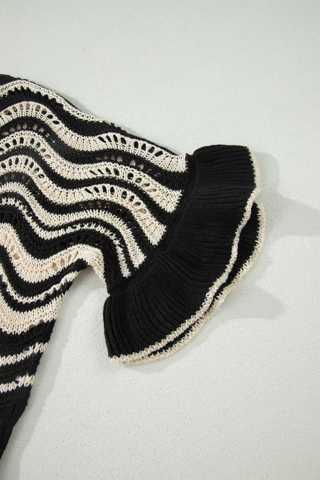 Black Stripe Wavy Crochet Eyelet Detail Ruffle Half Sleeve Sweater