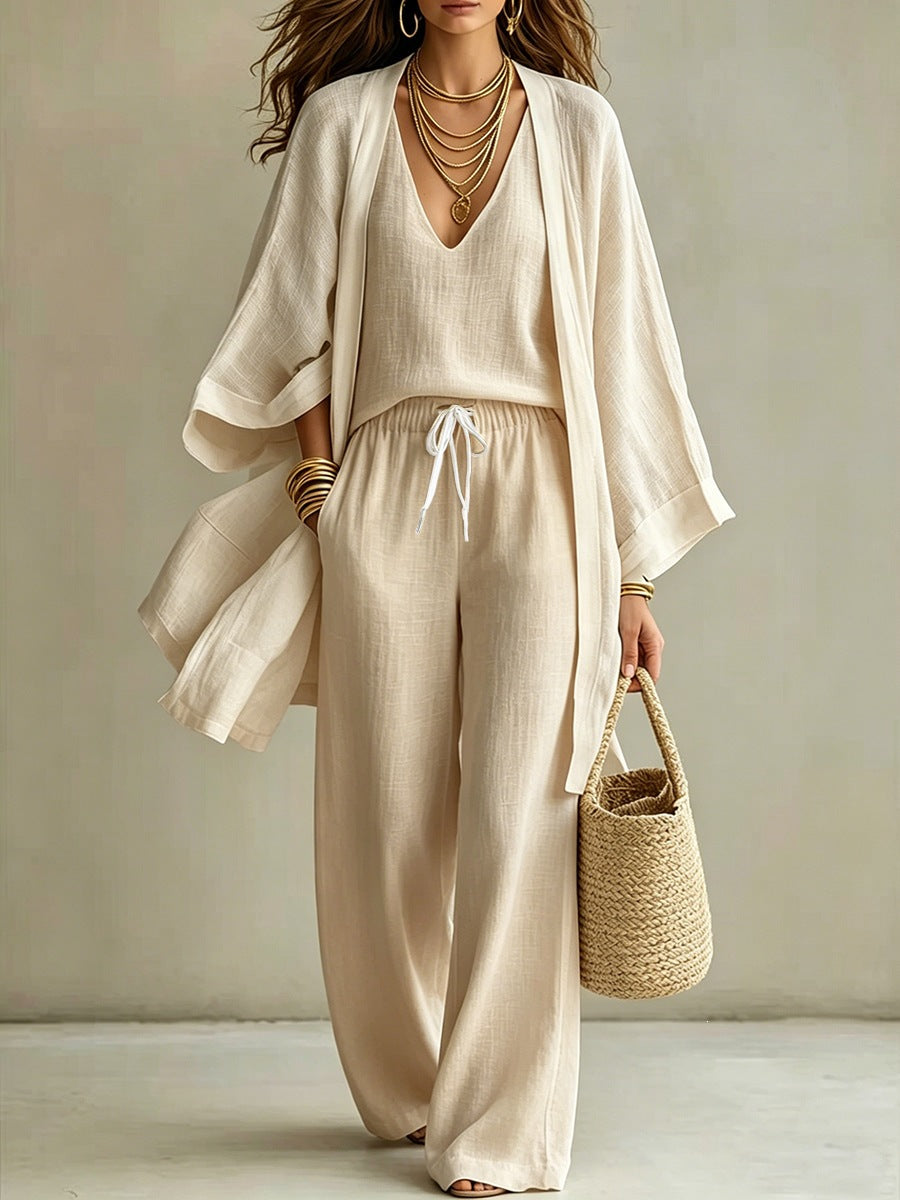 Damen 3-teiliges Set: Cardigan, ärmellose Weste & weite Hose