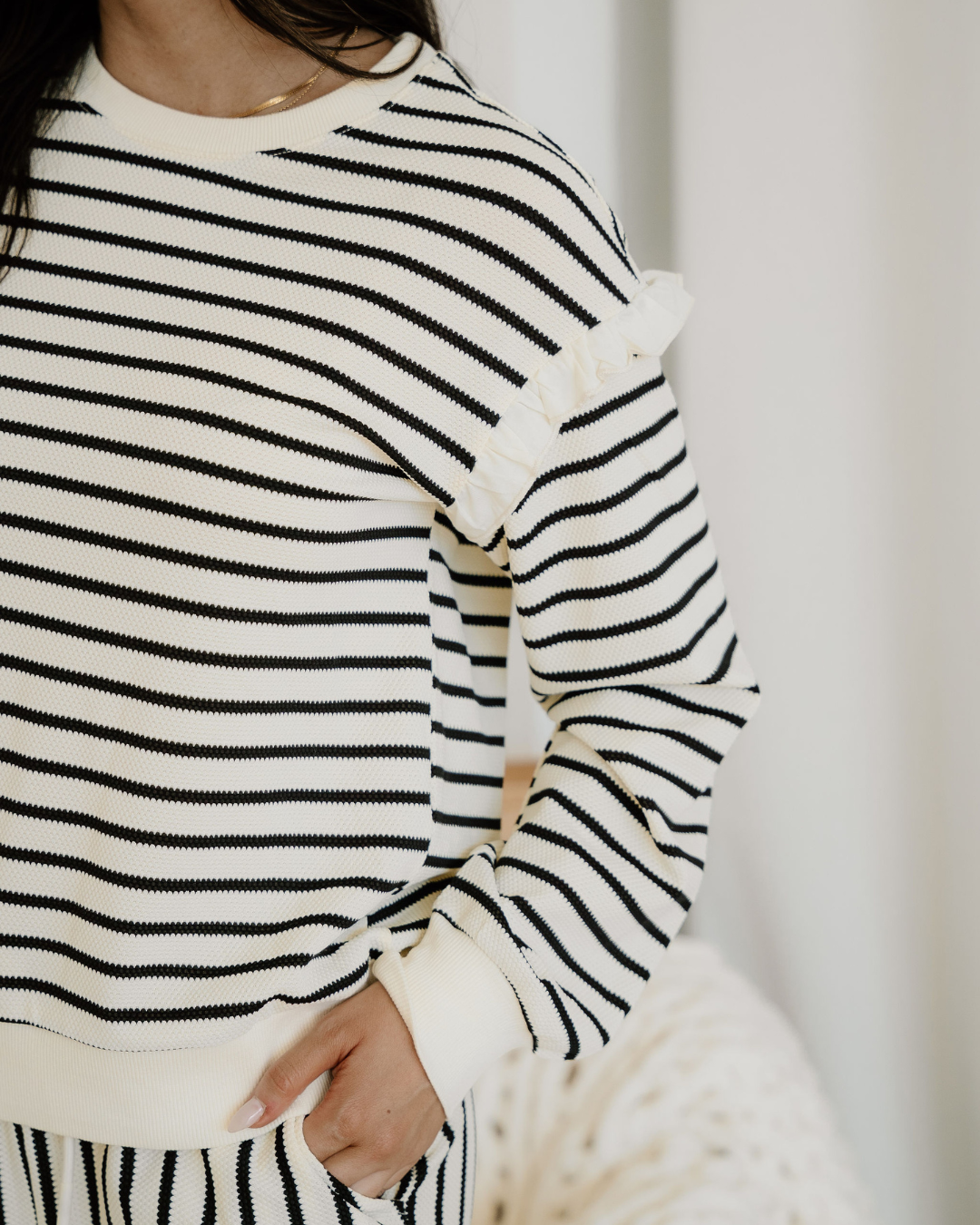 Talia Stripe Ruffle Trim Drop Shoulder Top Drawstring Loose Pant Set