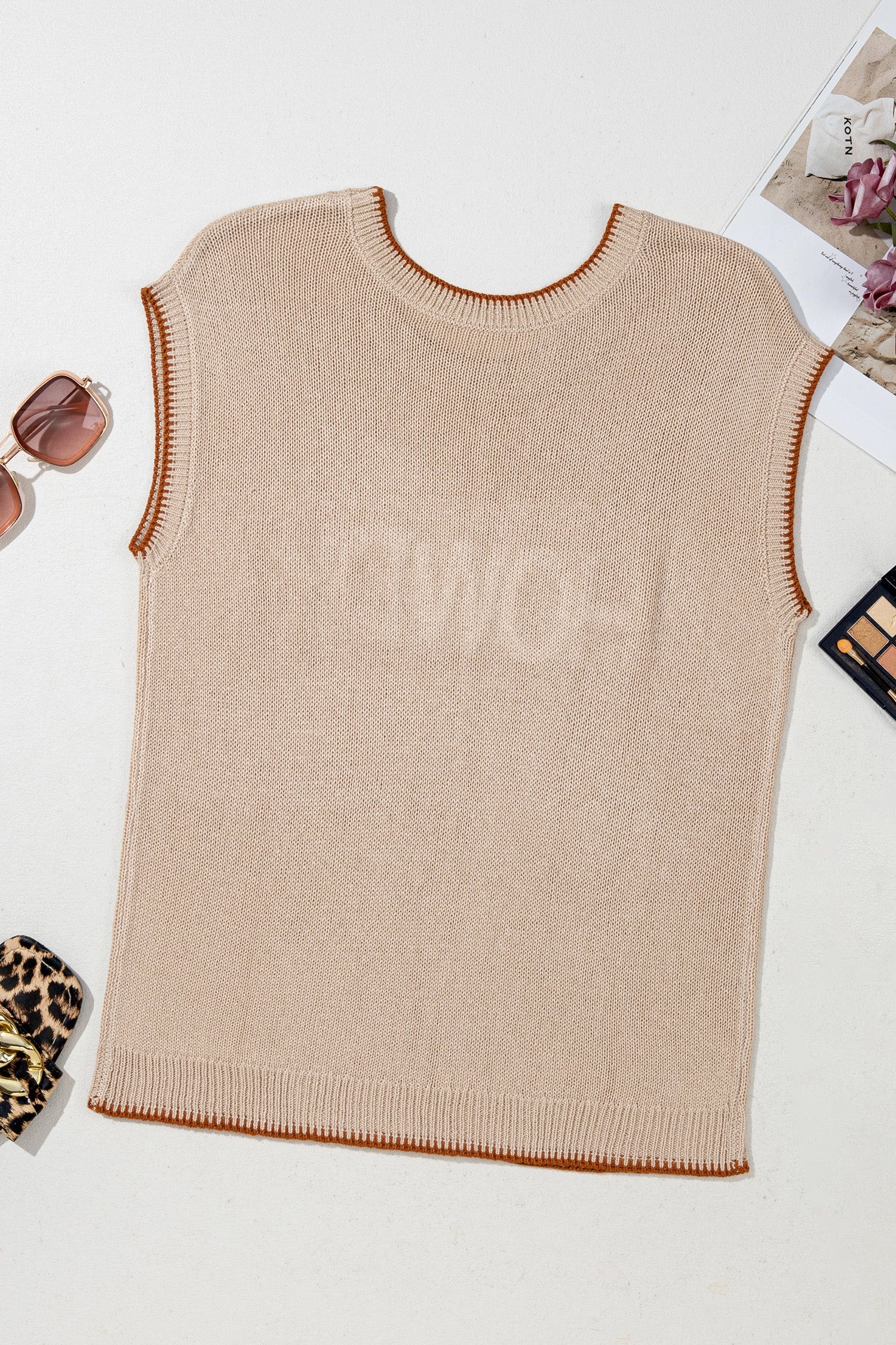 Parchment Contrast Trim Short Sleeve Knit HOWDY Western Sweater