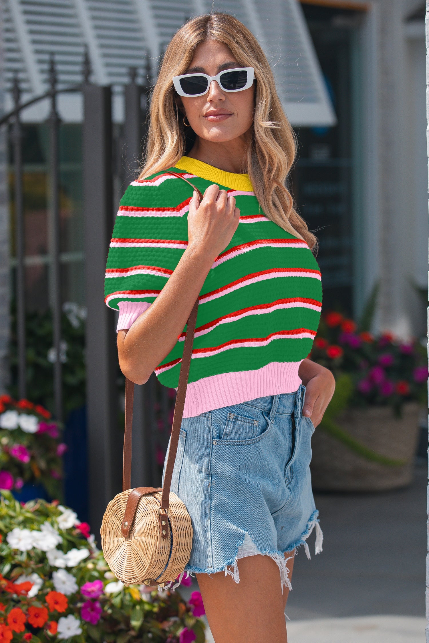 Green Stripe Colorblock Trim Half Sleeve Sweater Top