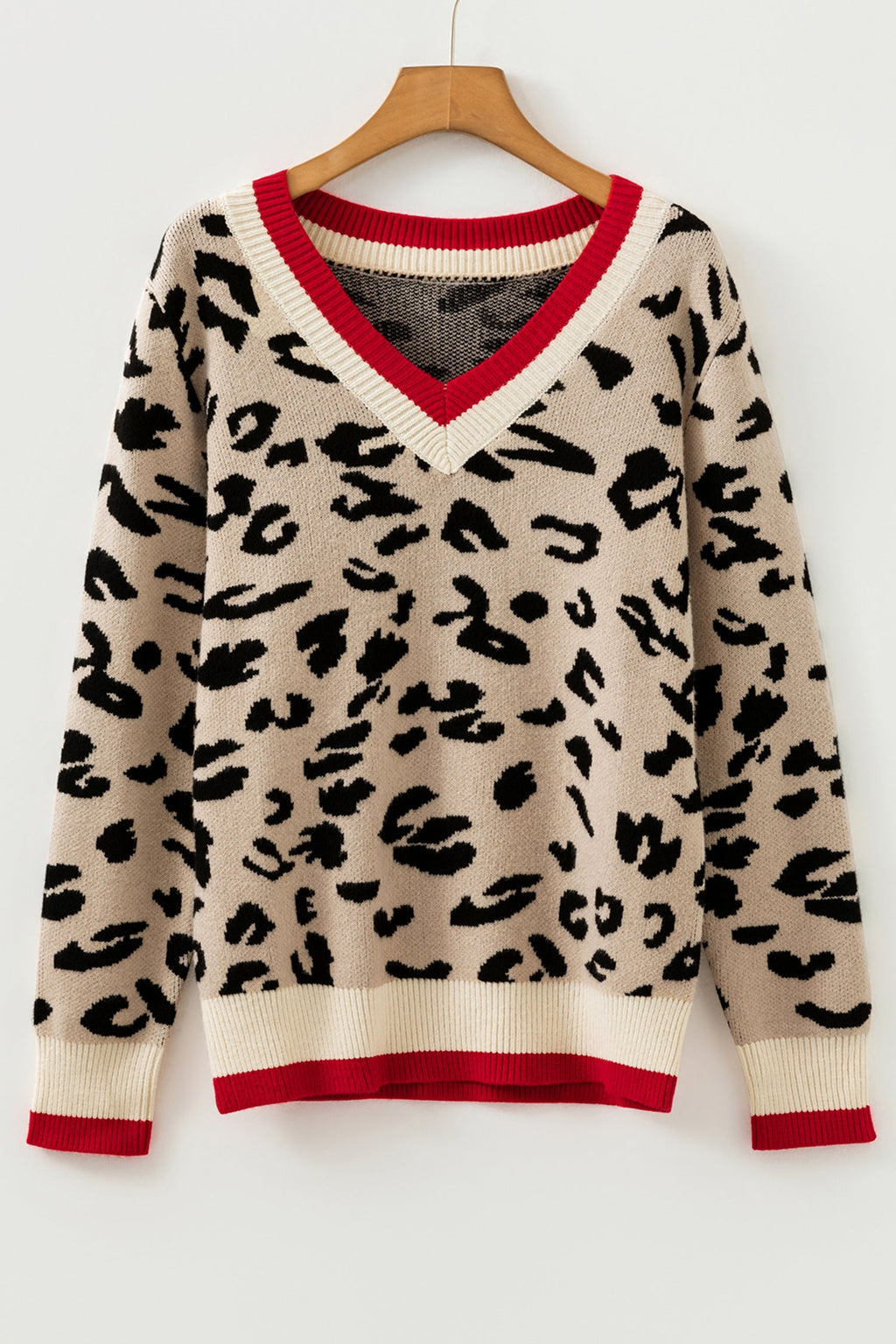 Khaki Leopard Pattern V-Neck Contrast Rib Knitted Sweater