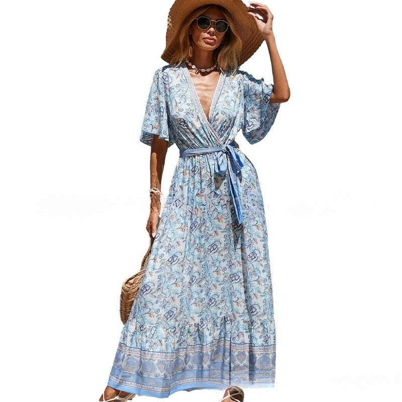 Women's V-Neck Tie-Waist Printed Bohemian Dress Short Sleeve Floral Maxi Dress Summer