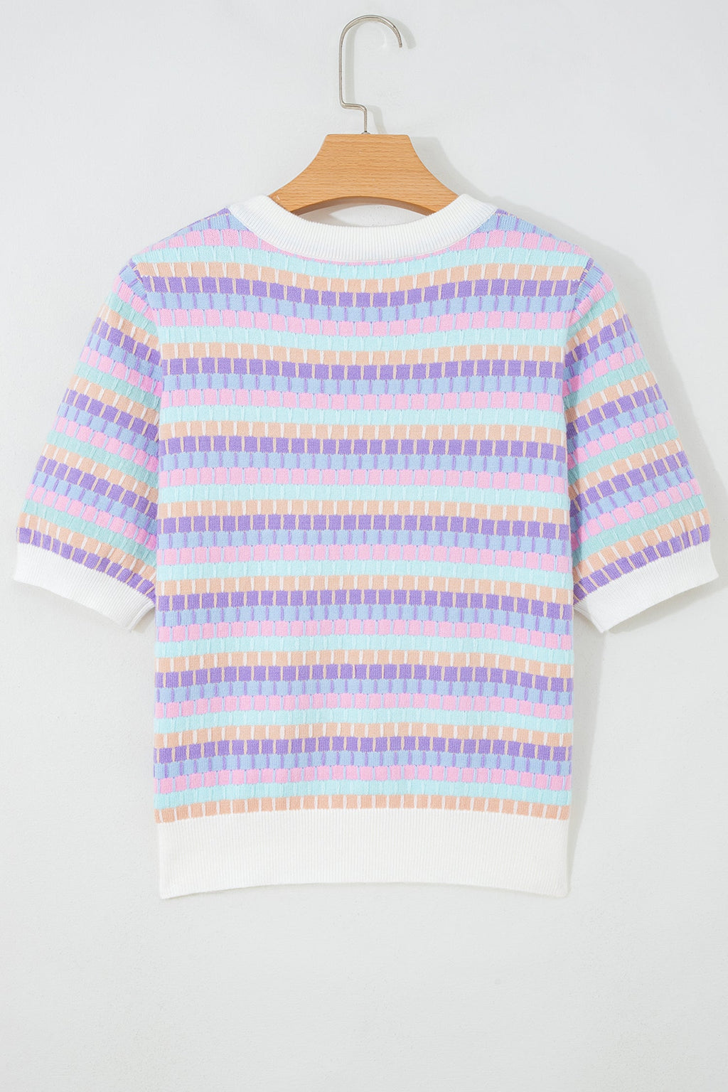 Purple Abstract Striped Knit Short Sleeve Sweater