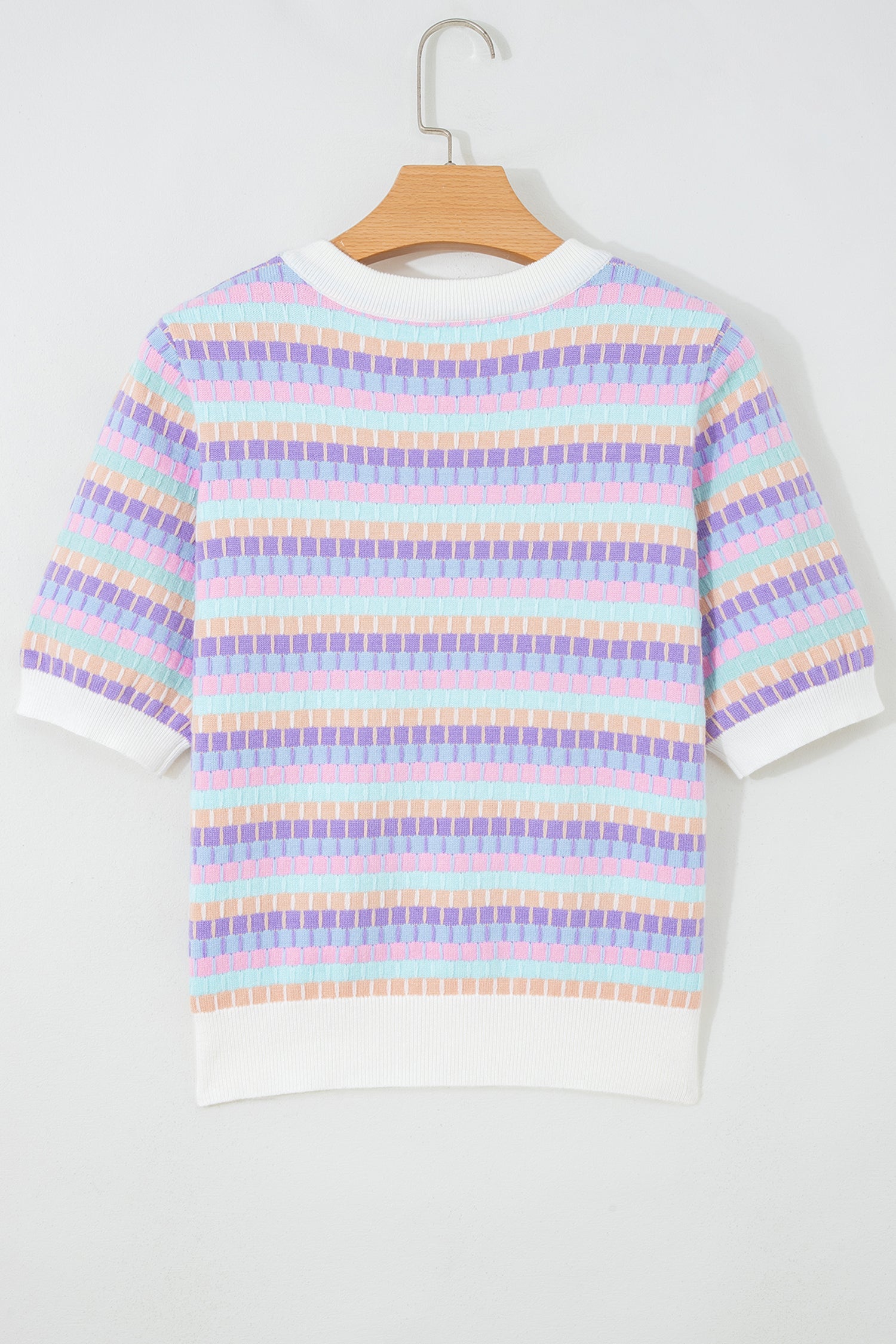 Purple Abstract Striped Knit Short Sleeve Sweater