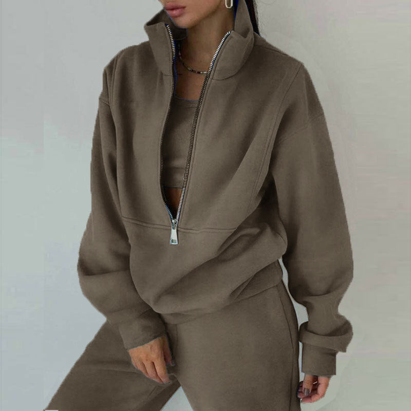 Damen zweiteiliges Set: Langarm-Sweatshirt mit Reißverschlusskragen und schmal geschnittene Hose