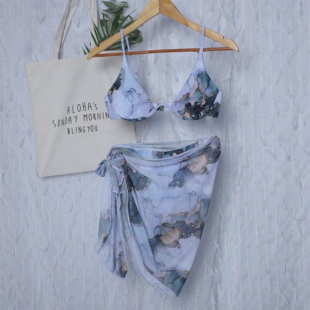 3-teiliger Damen Bikini, moderner Badeanzug für Damen, hoch geschnitten, Neckholder-Bademode, Damen-Bikini-Sets mit Wickelrock, Schnürung, Strings, hoch geschnittenes Bikini-Set, Badeanzug, Damen-Triangel-Badeanzug rückenfrei