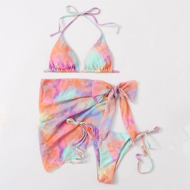 3-teiliger Damen Bikini, moderner Badeanzug für Damen, hoch geschnitten, Neckholder-Bademode, Damen-Bikini-Sets mit Wickelrock, Schnürung, Strings, hoch geschnittenes Bikini-Set, Badeanzug, Damen-Triangel-Badeanzug rückenfrei