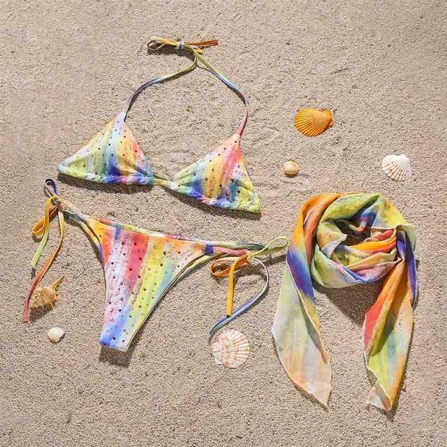 3-teiliger Damen Bikini, moderner Badeanzug für Damen, hoch geschnitten, Neckholder-Bademode, Damen-Bikini-Sets mit Wickelrock, Schnürung, Strings, hoch geschnittenes Bikini-Set, Badeanzug, Damen-Triangel-Badeanzug rückenfrei