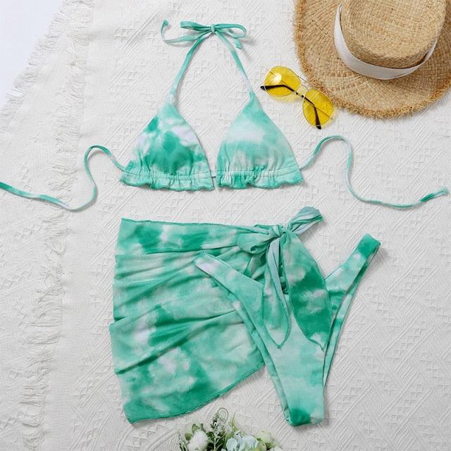 3-teiliger Damen Bikini, moderner Badeanzug für Damen, hoch geschnitten, Neckholder-Bademode, Damen-Bikini-Sets mit Wickelrock, Schnürung, Strings, hoch geschnittenes Bikini-Set, Badeanzug, Damen-Triangel-Badeanzug rückenfrei