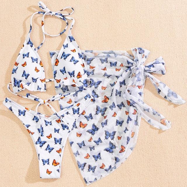 3-teiliger Damen Bikini, moderner Badeanzug für Damen, hoch geschnitten, Neckholder-Bademode, Damen-Bikini-Sets mit Wickelrock, Schnürung, Strings, hoch geschnittenes Bikini-Set, Badeanzug, Damen-Triangel-Badeanzug rückenfrei