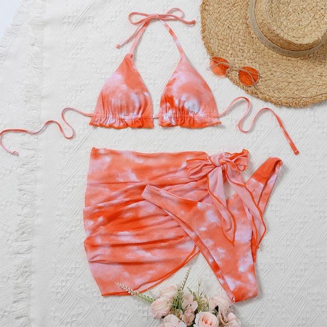 3-teiliger Damen Bikini, moderner Badeanzug für Damen, hoch geschnitten, Neckholder-Bademode, Damen-Bikini-Sets mit Wickelrock, Schnürung, Strings, hoch geschnittenes Bikini-Set, Badeanzug, Damen-Triangel-Badeanzug rückenfrei
